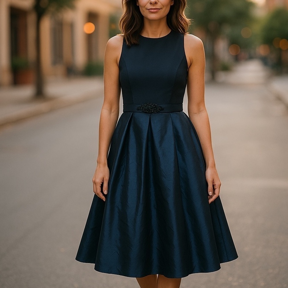Theia MIdi Ball Gown, Navy with Waist Embellishments, in Excellent Condition